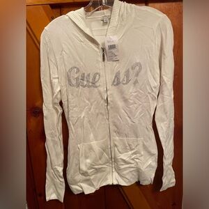 Guess zip up sweater. White. Bedazzled. Medium. New with tags